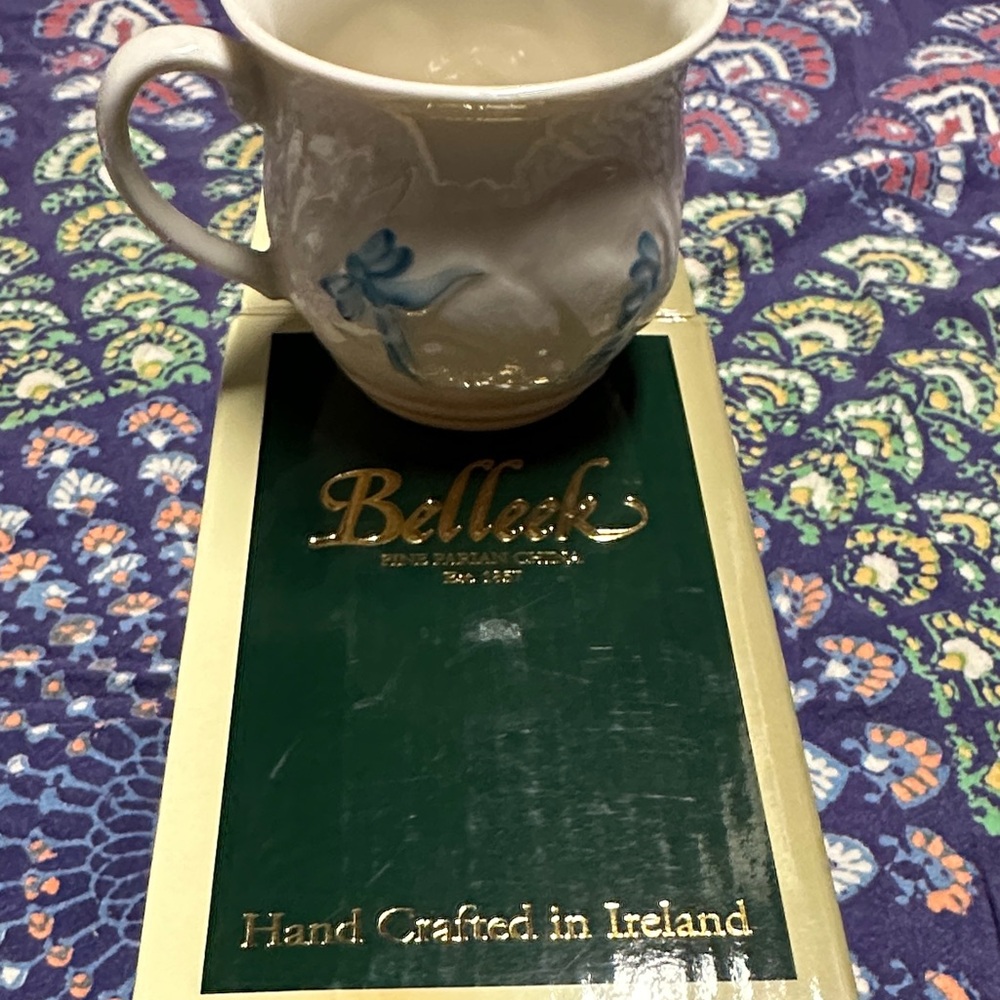 Belleek Blue and White Handcrafted Mug